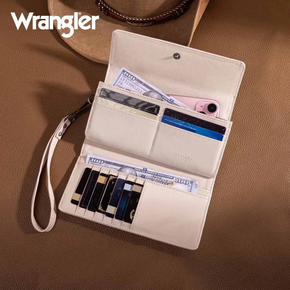 Wrangler Western Floral Tooled Tri-fold RFID Wallet/Wristlet Beige